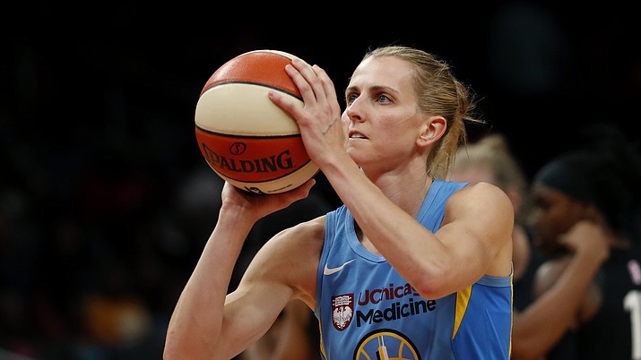 Chicago Sky guard Allie Quigley (14) shoots a free throw Aug. 20, 2019, in Atlanta. Quigley scored 24 points and passed 1,000 career made field goals to help the Chicago Sky beat the Phoenix Mercury 94-86 on Sunday.(John Bazemore/AP)
