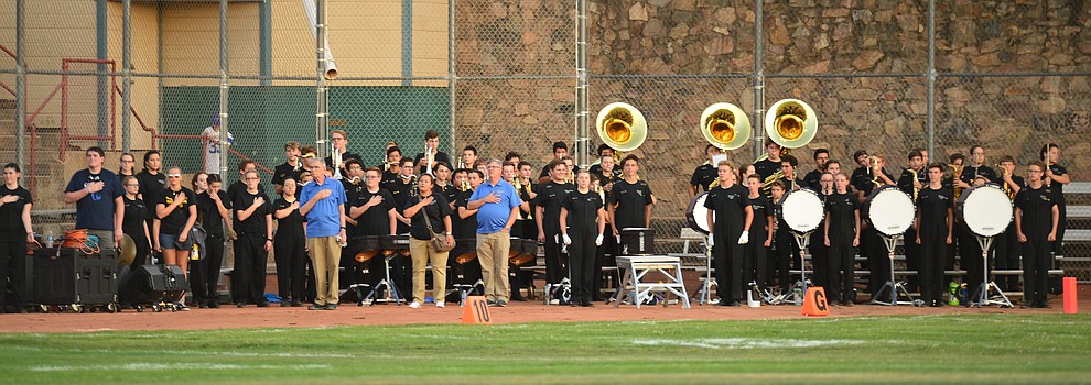 The Pride of Prescott Marching Band prepares to play as the Badgers held their 2019 home opener at Ken Lindley Field Friday, Aug. 30, 2019.  (Les Stukenberg/Courier)