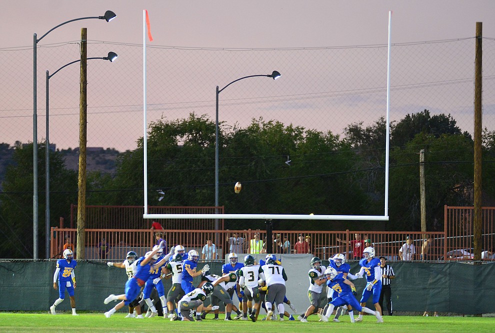 Prescott has one set of goal posts on the North end as the Badgers held their 2019 home opener at Ken Lindley Field Friday, Aug. 30, 2019.  (Les Stukenberg/Courier)
