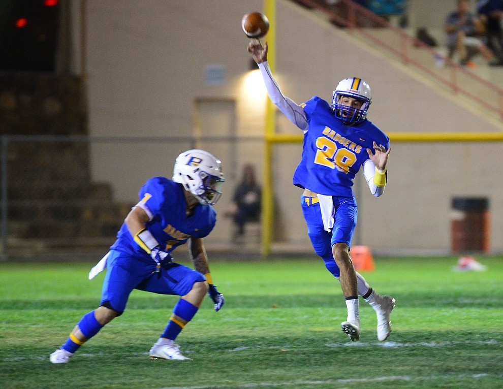 Prescott's Dellin Boyd throws downfield as the Badgers held their 2019 home opener at Ken Lindley Field Friday, Aug. 30, 2019.  (Les Stukenberg/Courier)