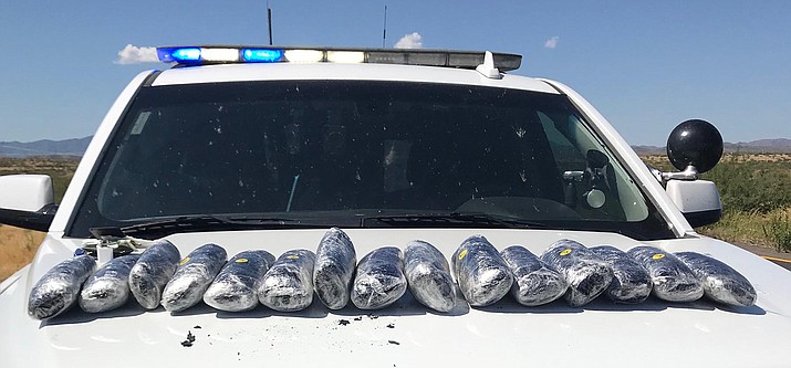 These 15 one-pound packages of what is believed to be methamphetamine, labeled “potatoes,” were found in a vehicle driven by two men from Mexico, who were stopped Thursday morning on I-17 for moving and equipment violations, according to the Yavapai County Sheriff’s Office. Courtesy of Yavapai County Sheriff’s Office