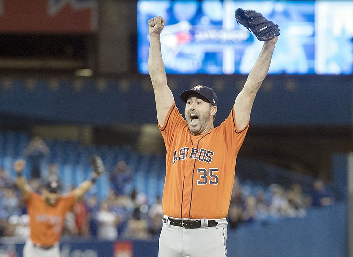Houston Astros starter Justin Verlander reacts after pitching a no-hitter against the Toronto Blue Jays in a baseball game in Toronto, Sunday, Sept. 1, 2019. (Fred Thornhill/The Canadian Press via AP)