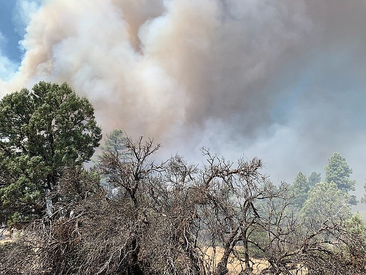 Smoke from the Sheridan Fire is seen Sunday, Sept. 1, 2019, as it burns 23 miles north of Prescott. Local storms slowed the progress of the fire Sunday, and it is now 49% contained. (PNF/Courtesy)