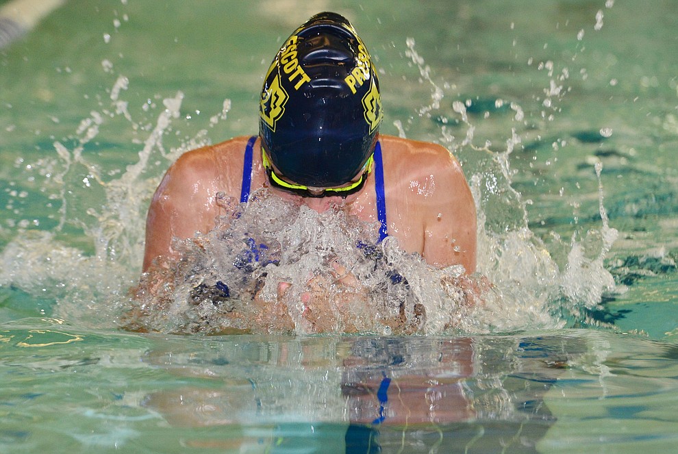 Prescott's Presley Julianna de Kort swims the breaststroke leg in the 200 medley relay as the Badgers host Arizona College Prep in a dual swim meet Thursday, Sept. 5, 2019, at the Prescott YMCA. (Les Stukenberg/Courier)