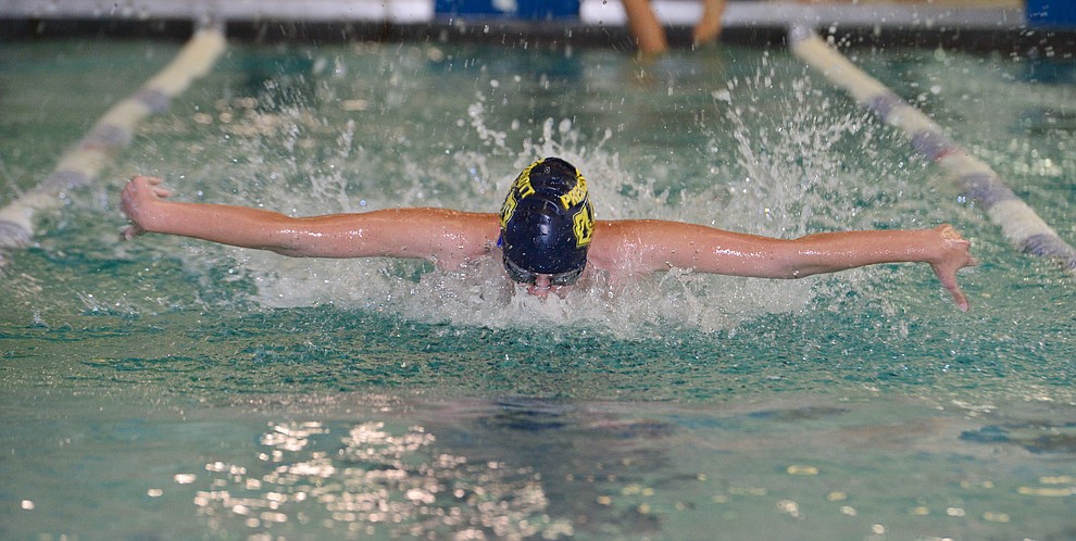 Prescott's Lilly Deakin swims the butterfly leg in the 200 medley relay as the Badgers host Arizona College Prep in a dual swim meet Thursday, Sept. 5, 2019, at the Prescott YMCA. (Les Stukenberg/Courier)