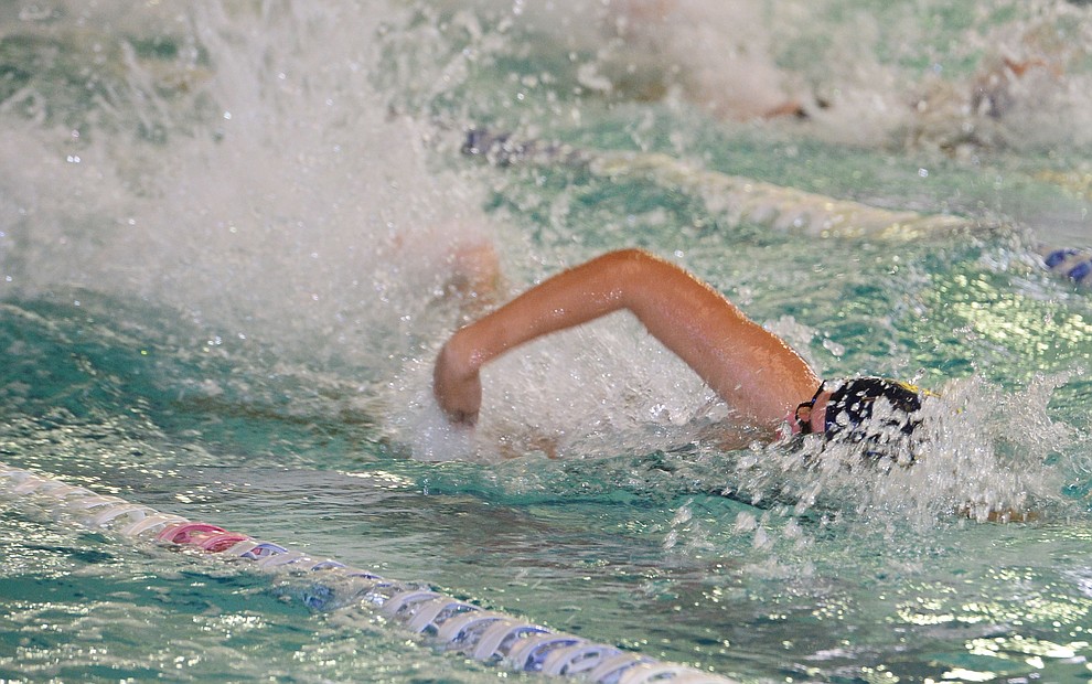 Prescott's Emma Jarnagin in the freestyle leg in the medley relay as the Badgers host Arizona College Prep in a dual swim meet Thursday, Sept. 5, 2019, at the Prescott YMCA. (Les Stukenberg/Courier)