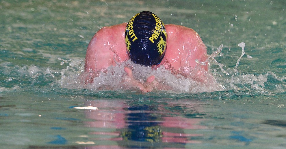 Prescott's Blake Francis swims the breaststroke in the medley relay as the Badgers host Arizona College Prep in a dual swim meet Thursday, Sept. 5, 2019, at the Prescott YMCA. (Les Stukenberg/Courier)