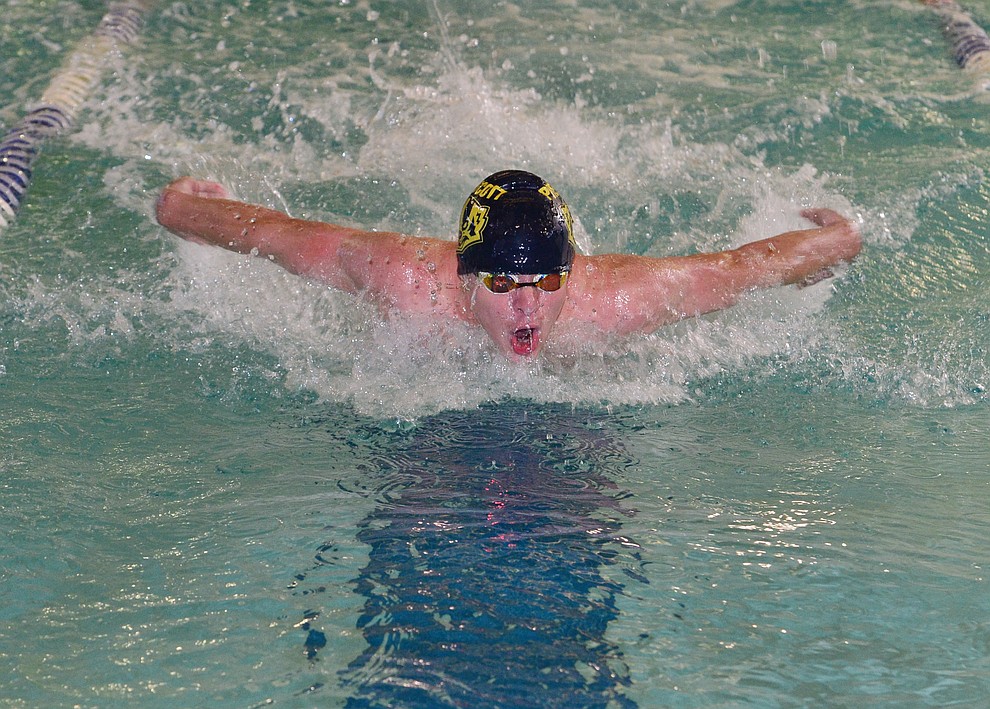 Prescott's Dane Bassett swims the butterfly in the medley relay as the Badgers host Arizona College Prep in a dual swim meet Thursday, Sept. 5, 2019, at the Prescott YMCA. (Les Stukenberg/Courier)