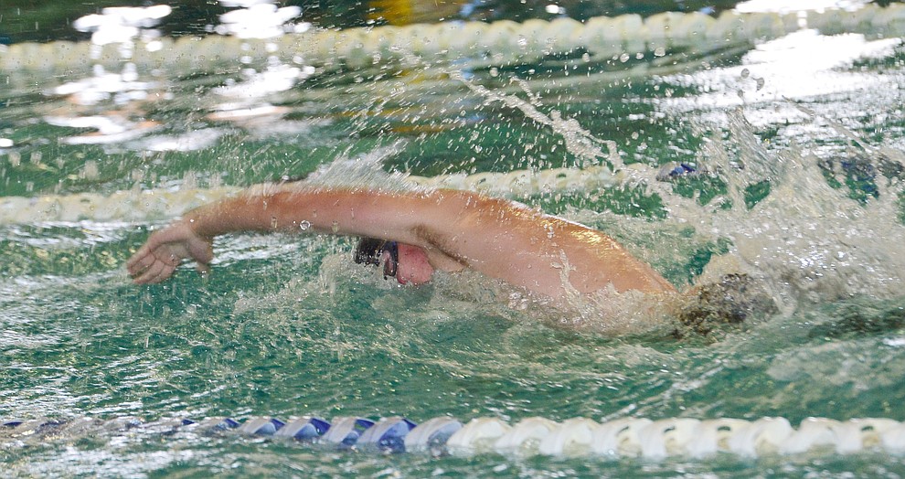 Prescott's Sean Henegan swims the freestyle in the medley relay as the Badgers host Arizona College Prep in a dual swim meet Thursday, Sept. 5, 2019, at the Prescott YMCA. (Les Stukenberg/Courier)