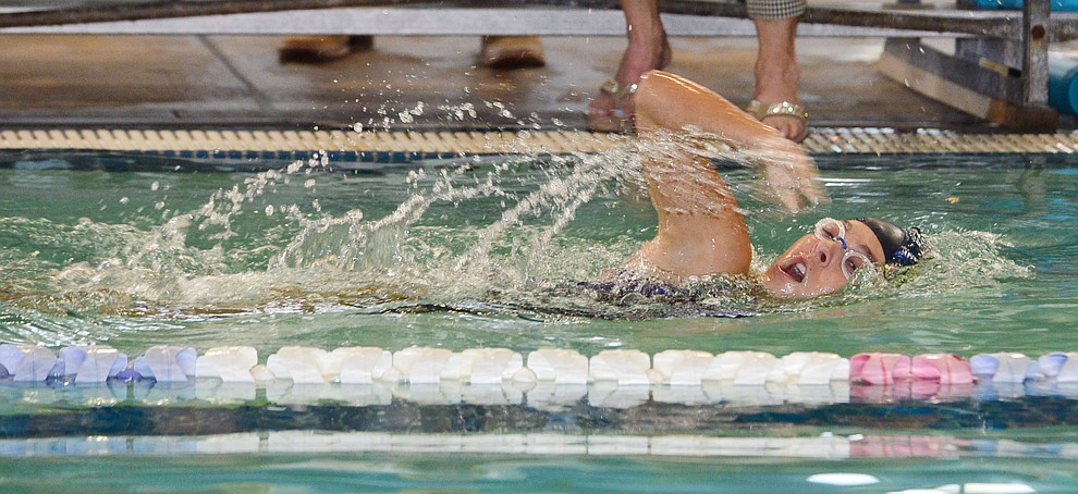 Prescott's Liberty English swims in the 200 free as the Badgers host Arizona College Prep in a dual swim meet Thursday, Sept. 5, 2019, at the Prescott YMCA. (Les Stukenberg/Courier)