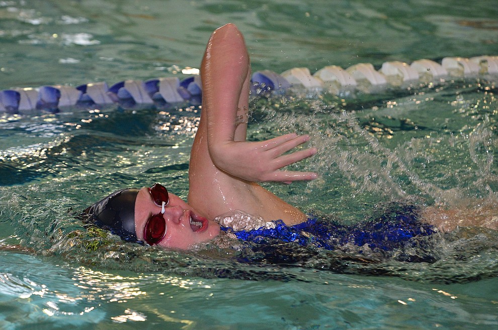 Prescott's Karli Fish swims in the 200 free as the Badgers host Arizona College Prep in a dual swim meet Thursday, Sept. 5, 2019, at the Prescott YMCA. (Les Stukenberg/Courier)