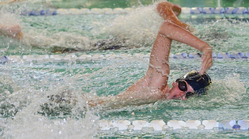 Prescott's Micah Buettner swims in the 200 free as the Badgers host Arizona College Prep in a dual swim meet Thursday, Sept. 5, 2019, at the Prescott YMCA. (Les Stukenberg/Courier)