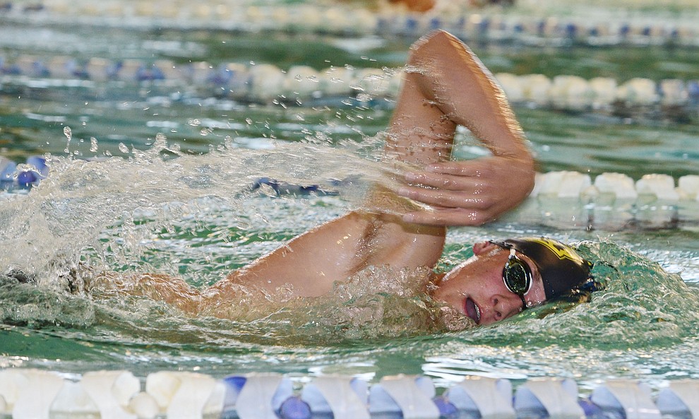Prescott's Kade Roberts swims in the 200 free as the Badgers host Arizona College Prep in a dual swim meet Thursday, Sept. 5, 2019, at the Prescott YMCA. (Les Stukenberg/Courier)