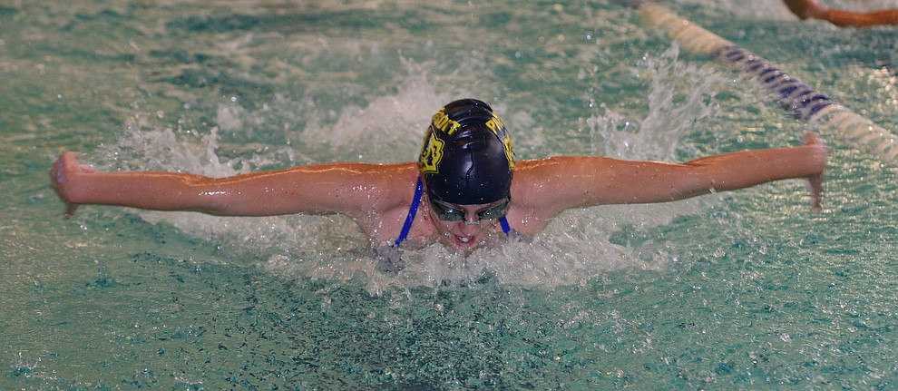 Prescott's Lily Deakin swims the butterfly in the 200 individual medley as the Badgers host Arizona College Prep in a dual swim meet Thursday, Sept. 5, 2019, at the Prescott YMCA. (Les Stukenberg/Courier)