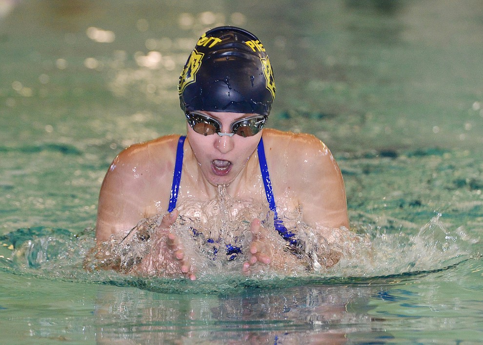 Prescott's Lily Deakin swims the breaststroke in the 200 individual medley as the Badgers host Arizona College Prep in a dual swim meet Thursday, Sept. 5, 2019, at the Prescott YMCA. (Les Stukenberg/Courier)