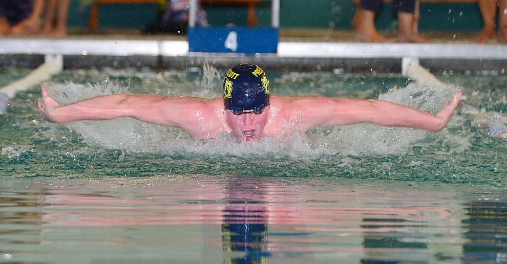 Prescott's Blake Francis swims the butterfly in the 200 individual medley as the Badgers host Arizona College Prep in a dual swim meet Thursday, Sept. 5, 2019, at the Prescott YMCA. (Les Stukenberg/Courier)