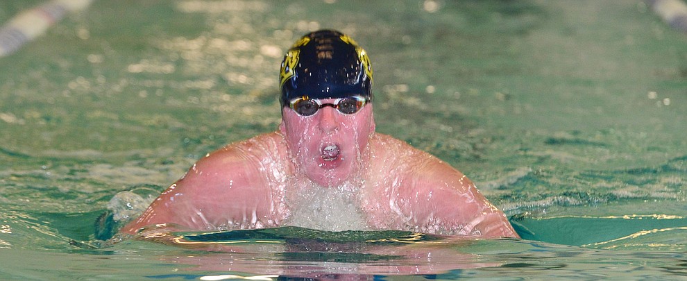 Prescott's Blake Francis swims the breaststroke in the 200 individual medley as the Badgers host Arizona College Prep in a dual swim meet Thursday, Sept. 5, 2019, at the Prescott YMCA. (Les Stukenberg/Courier)