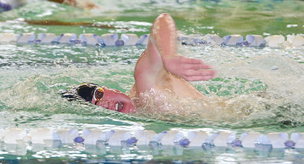 Prescott's Blake Francis swims the freestyle in the 200 individual medley as the Badgers host Arizona College Prep in a dual swim meet Thursday, Sept. 5, 2019, at the Prescott YMCA. (Les Stukenberg/Courier)