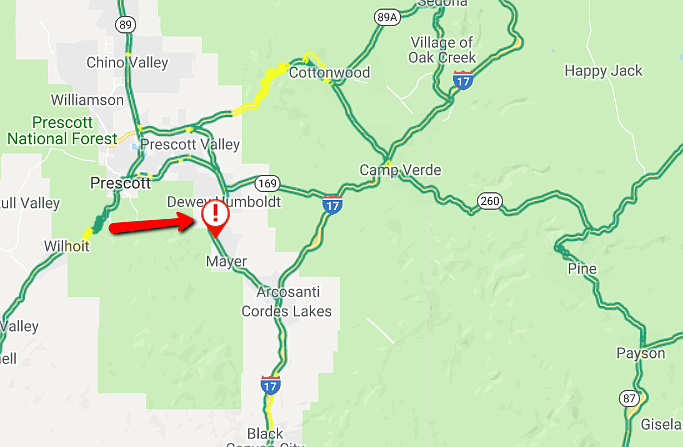 The Arizona Department of Transportation reported that Highway 69’s southbound lanes were closed at milepost 274 due to a crash around 5:36 p.m. Sunday, Sept. 8. (Arizona Department of Transportation/Courtesy)