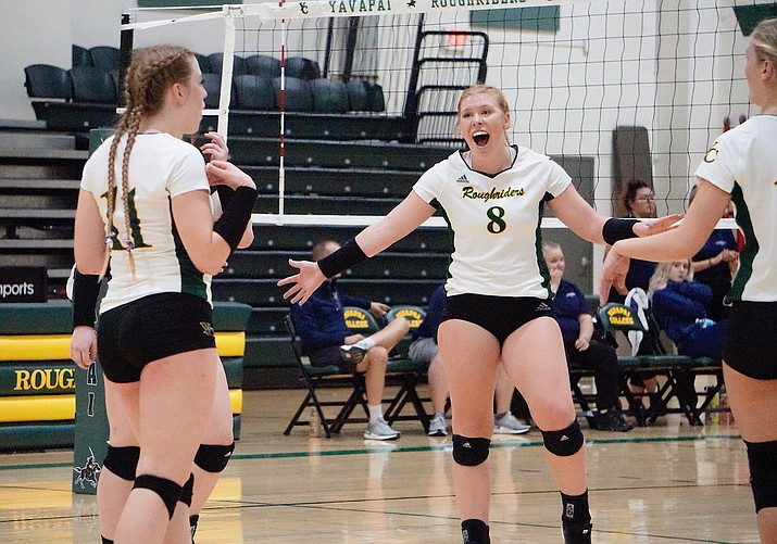 Yavapai volleyball sophomore OH Annie Harte (8) celebrates with her teammates after scoring a point during the second set of the team’s 3-0 win over Pima on Wednesday, Sept. 11, 2019, at Yavapai College. Along with some excellent serving, Harte recorded five kills and six digs. (Aaron Valdez/Courier)
