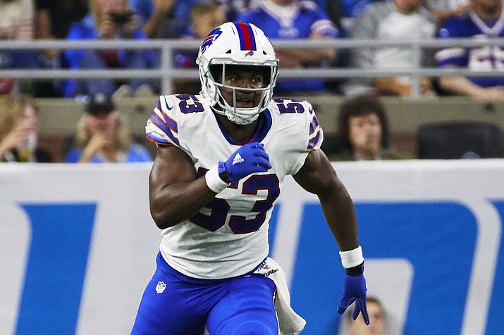 In this Aug. 23, 2019, photo, Buffalo Bills linebacker Tyrel Dodson (53) plays against the Detroit Lions during a preseason football game in Detroit. The NFL has suspended Buffalo Bills rookie linebacker Tyrel Dodson for six games as a result of an alleged altercation with his girlfriend at her home in Scottsdale, Arizona. (Rick Osentoski/AP, File)