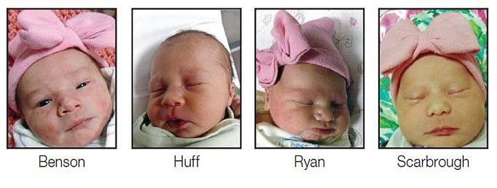 Births published in The Daily Courier, Sept. 15, 2019, include from left, Bella Coco Benson, Remmie May Huff, Blake Aurora Ann Ryan, and Karter Layne Scarbrough. (Courtesy)