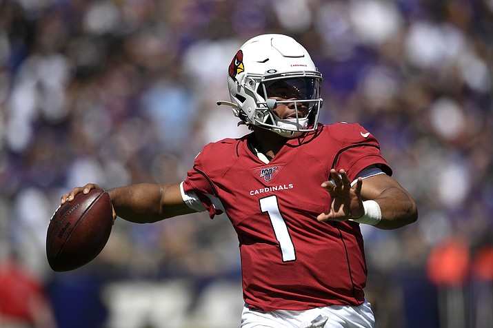 Arizona Cardinals quarterback Kyler Murray throws to a receiver in the first half of a game against the Baltimore Ravens, Sunday, Sept. 15, 2019, in Baltimore. (Nick Wass/AP)