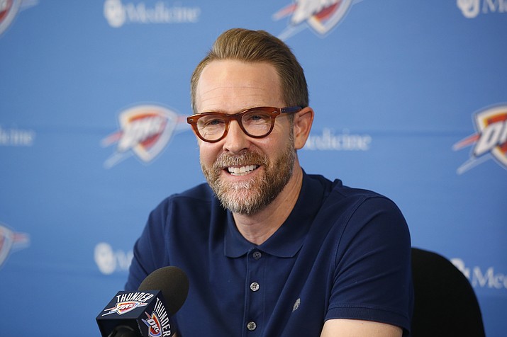 Sam Presti, Oklahoma City Thunder executive vice president and general manager, speaks during a news conference in Oklahoma City, Thursday, Sept. 26, 2019. Presti is preparing for a season without Russell Westbrook for the first time in a decade. (Sue Ogrocki/AP)