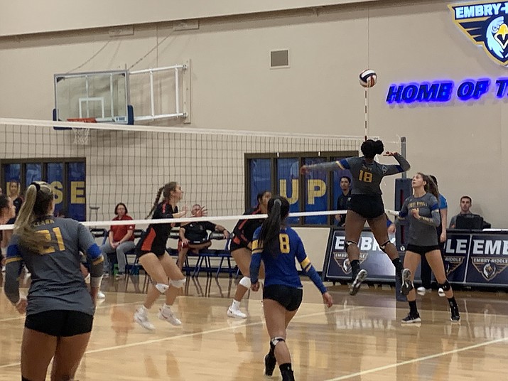Embry-Riddle volleyball’s Sharik Joseph (18) lines up a devastating spike in the team’s 3-0 win over Simpson on Thursday, Sept. 26, 2019, at Embr-Riddle. (Jake Whitaker/For the Courier)
