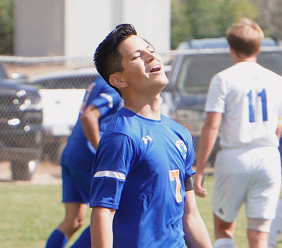 Chino Valley forward Irving Vedolla bemoans an offisde call during the team's 8-2 win over Desert Christian on Saturday, Sept. 28, 2019, at Chino Valley High School. (Aaron Valdez/Courier)