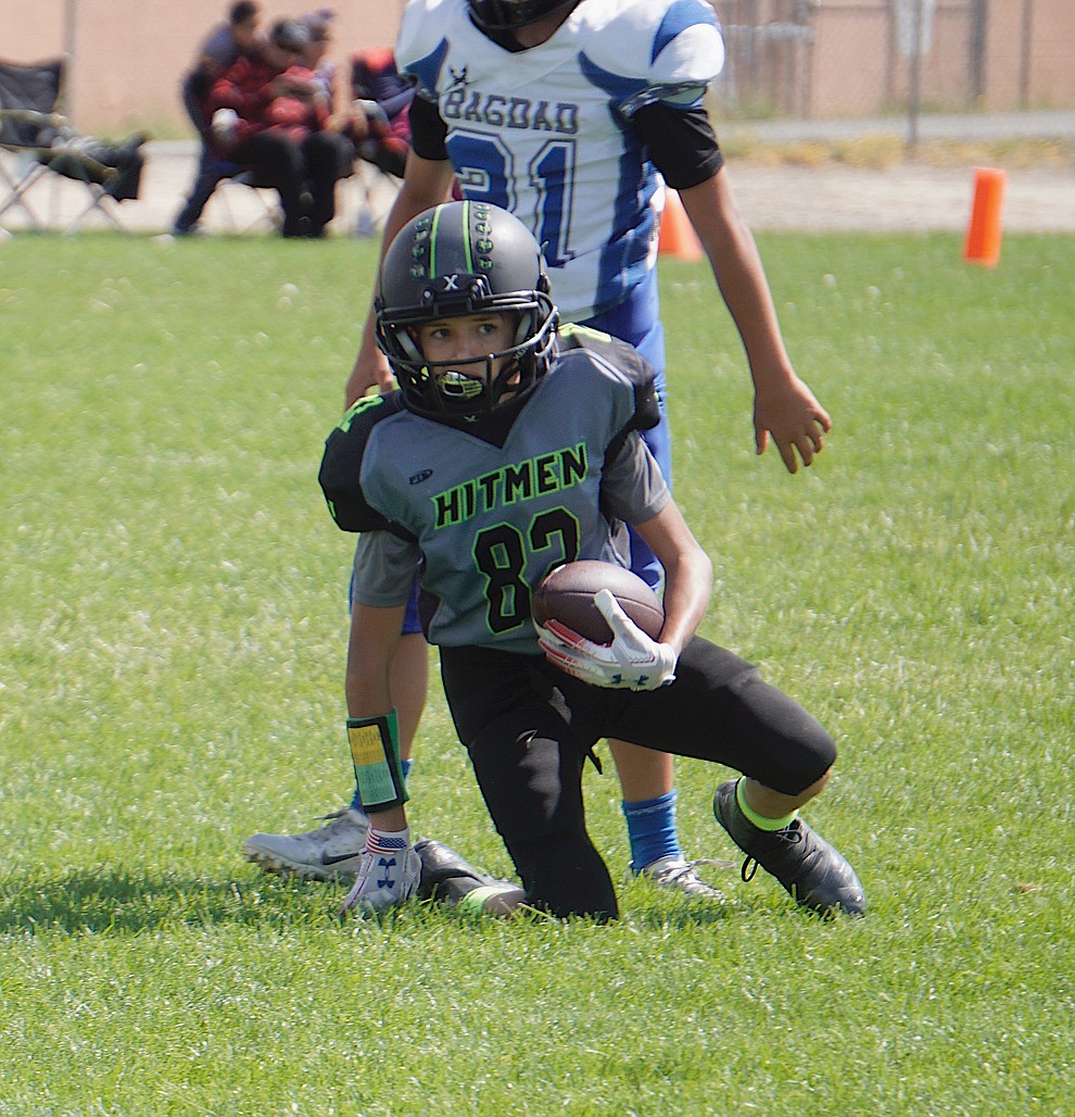 Brody Fry-Ryan of the Prescott Valley Hitmen Majors team gets up after being tackled during their game against Bagdad on Saturday, Sept. 28, 2019, at Bradshaw Mountain Middle School. (Aaron Valdez/Courier)