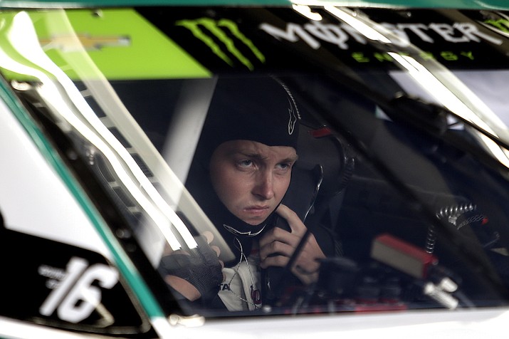 Pole winner William Byron sits in his car during practice for Sunday's NASCAR Cup Series auto race at Charlotte Motor Speedway in Concord, N.C., Saturday, Sept. 28, 2019. (Wesley Broome/AP)