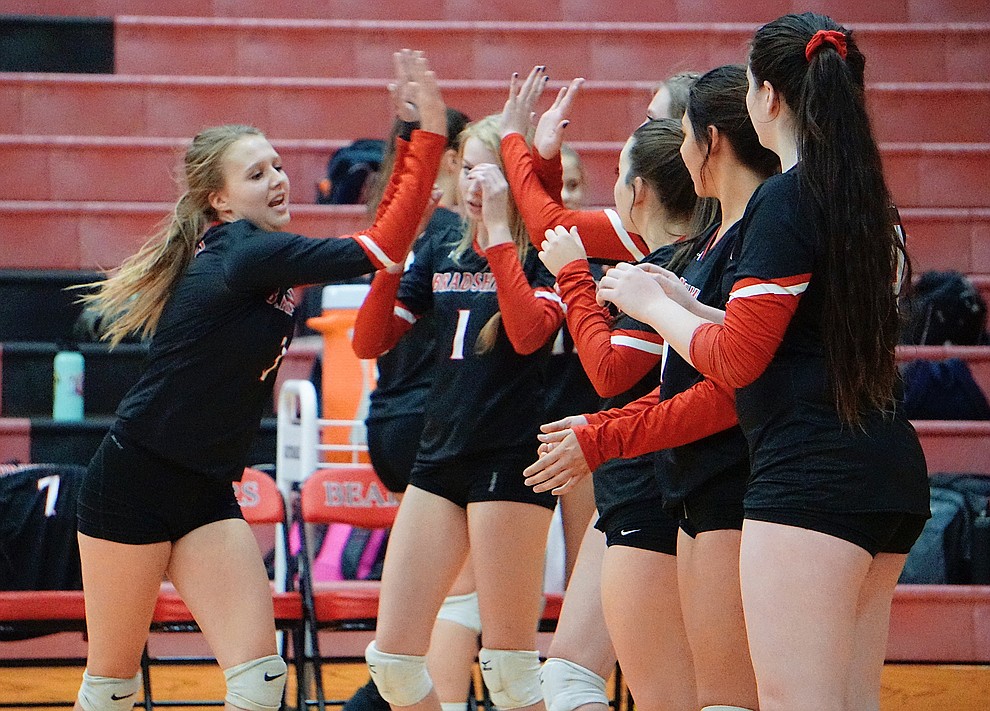 Bradshaw Mountain S McKell Clifford (3) greets her teammates during pre-game introductions  before the team’s 3-1 win over Coconino on Tuesday, Oct. 1, 2019, at Bradshaw Mountain High School. (Aaron Valdez/Courier)