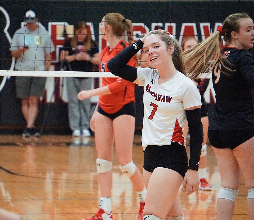 Bradshaw Mountain L Tristan Bangs laughs after her teammate told her a funny joke during the team’s 3-1 win over Coconino on Tuesday, Oct. 1, 2019, at Bradshaw Mountain High School. (Aaron Valdez/Courier)