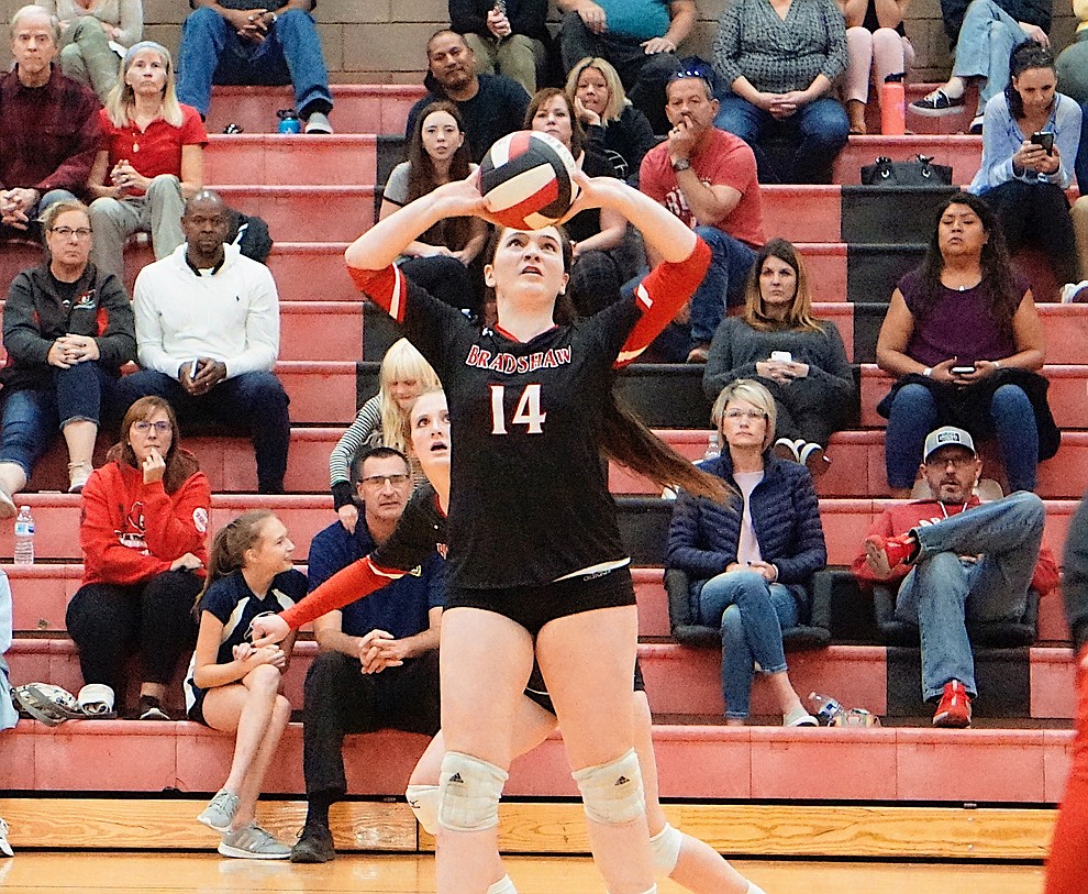 Bradshaw Mountain S Nicole Shaver (14) set up her teammate during the team’s 3-1 win over Coconino on Tuesday, Oct. 1, 2019, at Bradshaw Mountain High School. (Aaron Valdez/Courier)