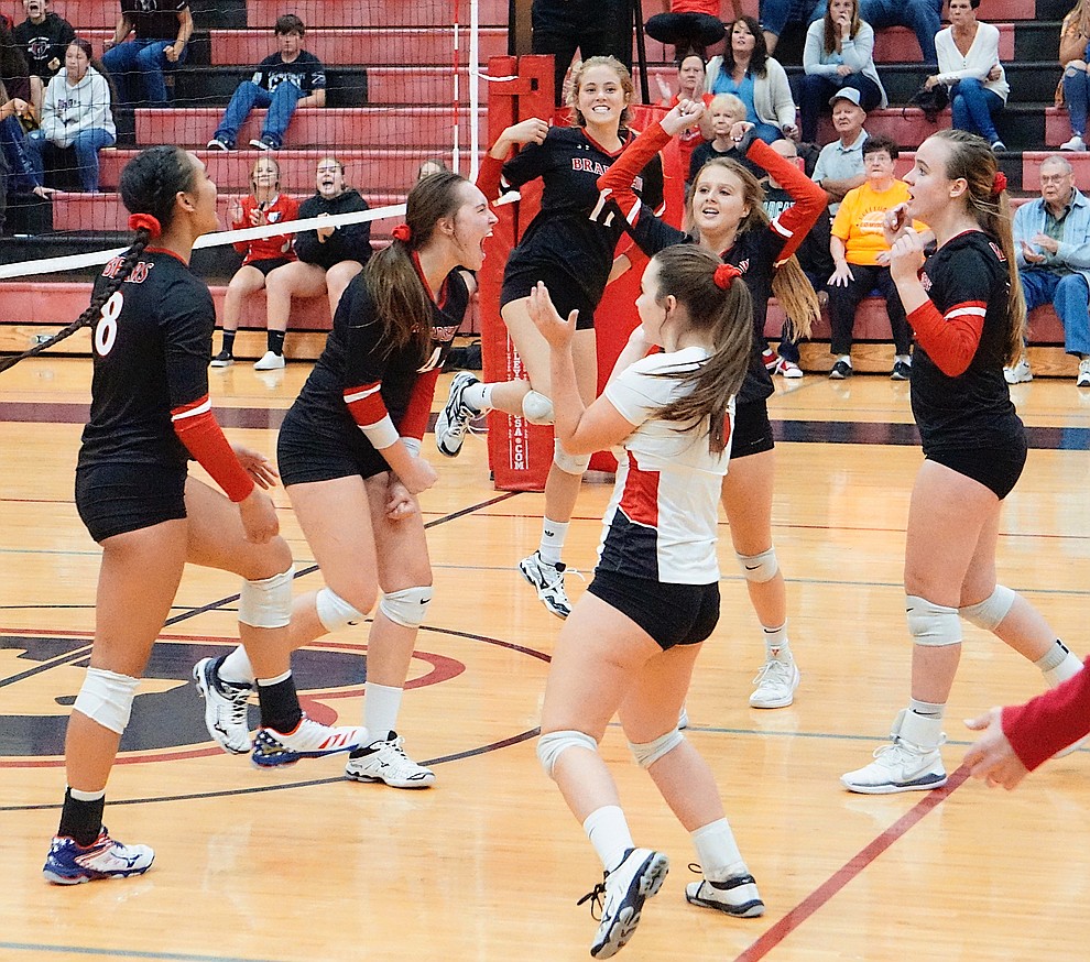 Bradshaw Mountain volleyball celebrates after scoring a point during the team’s 3-1 win over Coconino on Tuesday, Oct. 1, 2019, at Bradshaw Mountain High School. (Aaron Valdez/Courier)
