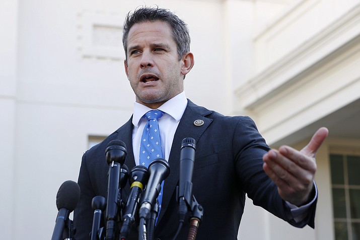 In this March 6, 2019 file photo, Rep. Adam Kinzinger, R-Ill., speaks to the media at the White House in Washington. Kinzinger is slamming as “beyond repugnant” President Donald Trump’s tweet of a conservative pastor’s comment that removing Trump from office would provoke a “civil war.” (Jacquelyn Martin/AP)
