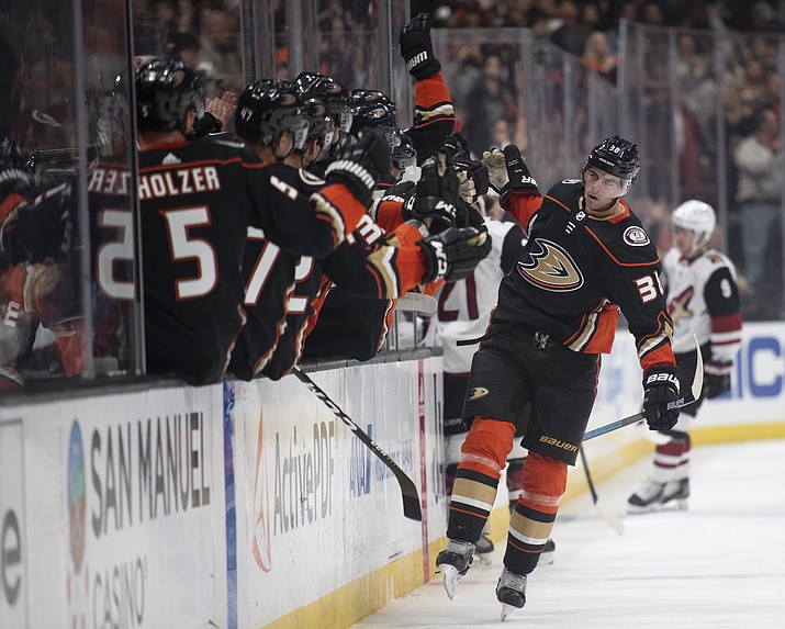 Anaheim Ducks center Derek Grant is congratulated for his goal during the first period of the team’s game against the Arizona Coyotes in Anaheim, Calif., Thursday, Oct. 3, 2019. (Kyusung Gong/AP)