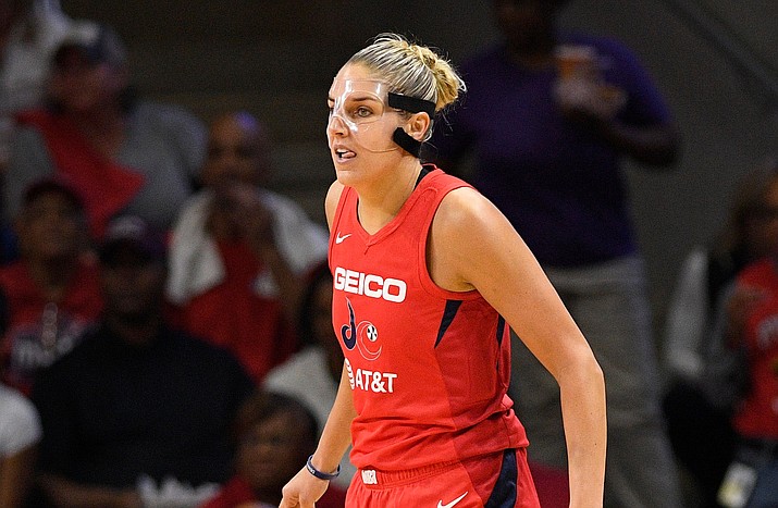 Washington Mystics forward Elena Delle Donne stands on the court in the first half of Game 2 of the WNBA Finals against the Connecticut Sun, Tuesday, Oct. 1, 2019, in Washington. (Nick Wass/AP)