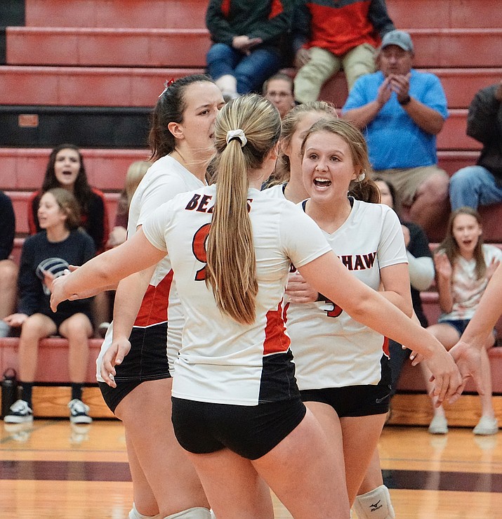 The Bradshaw Mountain volleyball team celebrates a point scored as they take on Youngker on Wednesday, Oct. 9, 2019, in Prescott Valley. (Aaron Valdez/Courier)