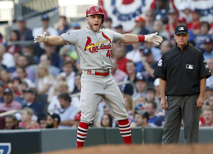 St. Louis Cardinals' Harrison Bader celebrates after hitting a single to score teammate Kolten Wong during the third inning of Game 5 of their National League Division Series baseball game against the Atlanta Braves, Wednesday, Oct. 9, 2019, in Atlanta. (John Bazemore/AP)