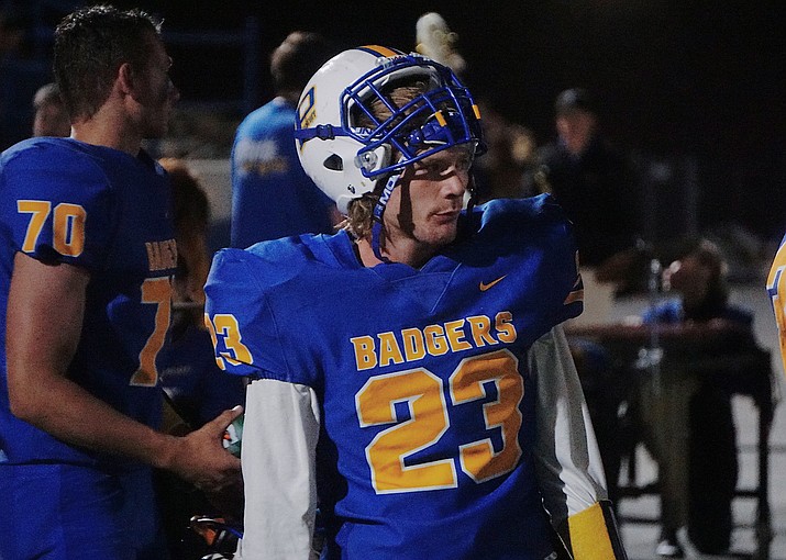 Prescott running back Sam Giordan (23) looks onto the field from the sidelines as the Badgers host Flagstaff on Sept. 20, 2019, in Prescott. The Badgers are scheduled to host Bradshaw Mountain in the annual “Black and Blue” rivalry game Friday, Oct. 11, 2019, in Prescott. Kickoff is set for 7 p.m. (Aaron Valdez/Courier, file)