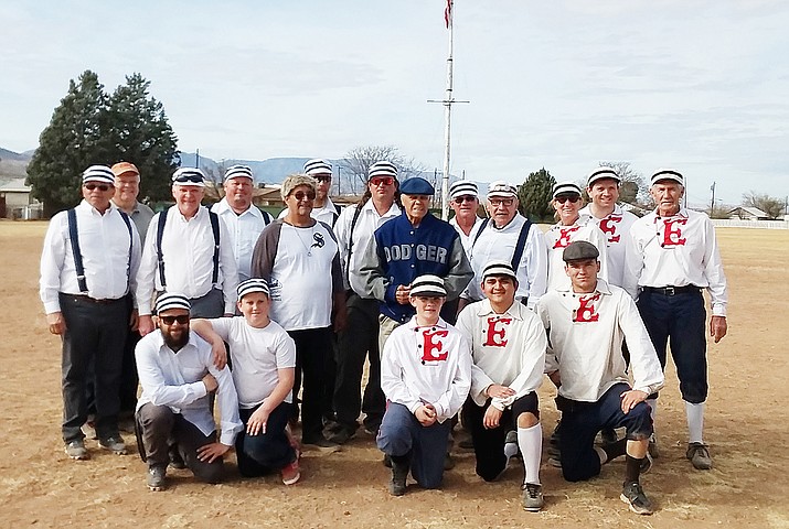 Former Los Angeles Dodgers stolen base champion Maury Wills poses for a photograph with members of the Fort Verde Excelsiors and Prescott Champions. At 1 p.m. Saturday, the Excelsiors will host the Champions in an 1860-era vintage baseball game at Fort Verde State Historic Park. Champions captain Mike Adrian confirmed Tuesday that Wills, the team’s assistant captain, will be present at Saturday’s game. Courtesy photo