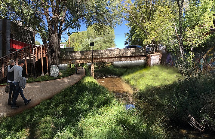 Better lighting and signage are among the enhancements that are being eyed in the master-planning process for the Granite Creek corridor in downtown Prescott. An artist’s rendering shows the stretch of Greenway Trail near Gurley Street with some of those enhancements included. (City of Prescott/Courtesy artist’s rendering).
