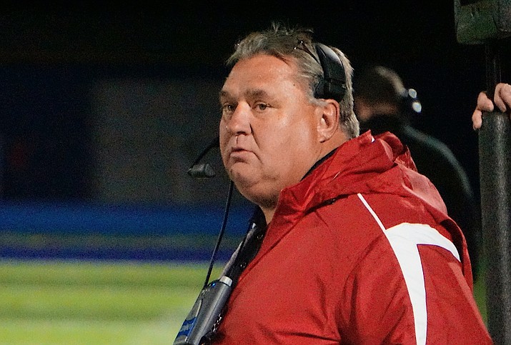 Bradshaw Mountain head coach Chuck Moller looks on during the Bears' 22-19 loss to Prescott on Friday, Oct. 11, 2019, at Bill Shepard Field in Prescott. (Aaron Valdez/Courier, File)