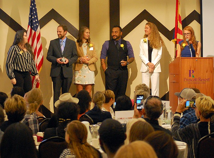 From left, Lindsay Quisenberry of Arizona’s Hometown Radio Group; Ben Hooper, Town of Prescott Valley Economic Development; Jessica Ebarb, Naked Eye Designs; Jesus Gutierrez, Stepping Stones Agencies; and Cody Anne Yarnes of Rent Right Management Solutions were honored with Prescott Area Young Professionals Visionary awards Thursday, Oct. 17, 2019, at the Prescott Resort. PAYP President Ariana Bennett is pictured, right, and honoree Henry Ebarb of Eightfold Technology was not present. (Tim Wiederaenders/Courier)