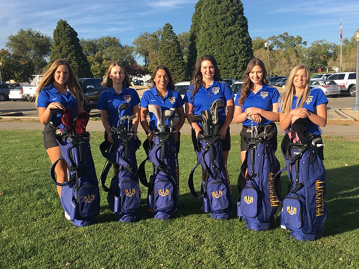 Prescott girls golf (left to right: Alayna O’Neill, Brannagh Woods, Makayla Reyes, Lauryn Mayhan, Hailey Mayhan, Kaity Kasun) poses for a photo before their regular-season finale against Mingus and Sandra Day O’Connor on Tuesday, Oct. 15, 2019, at Antelope Hills Golf Course. (Debbie Fitzgerald/Courtesy)