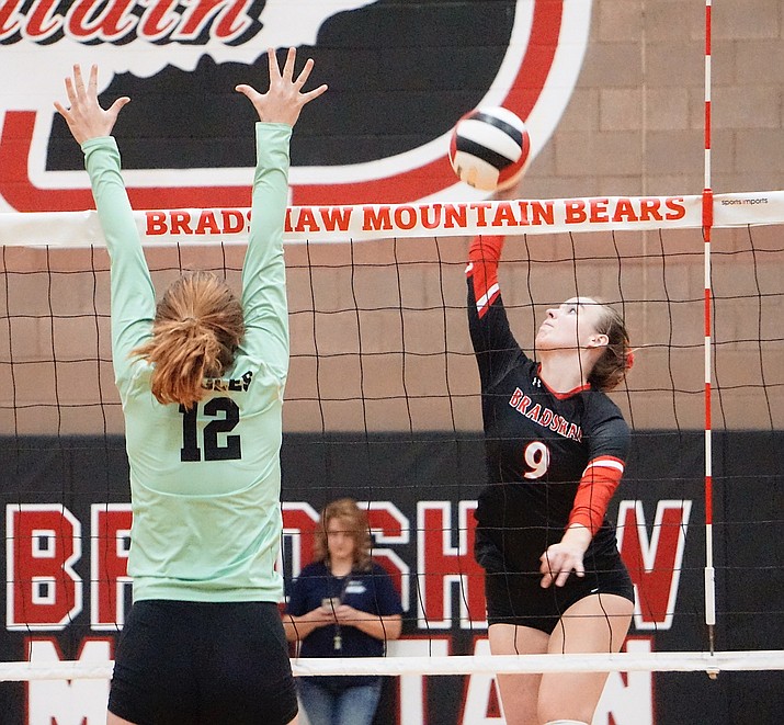 Bradshaw Mountain OH Jordyn Moser (9) goes up for the spike in the Bears’ 3-2 loss to Flagstaff on Tuesday, Oct. 22, 2019, at Bradshaw Mountain High School. (Aaron Valdez/Courier)