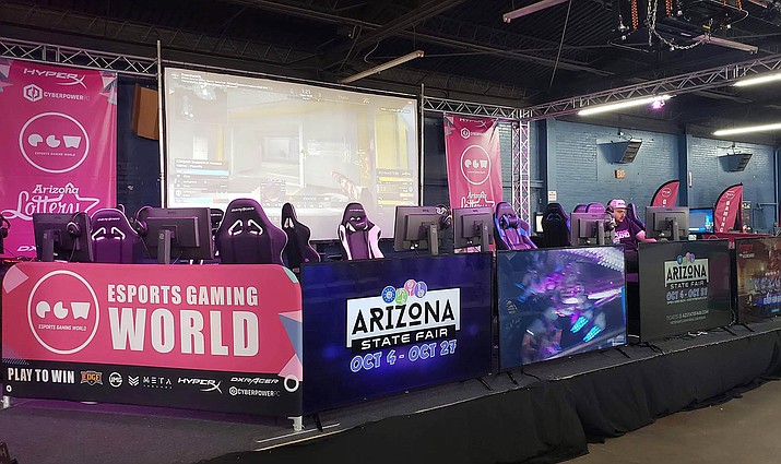 The esports exhibit at the Arizona State Fair has a stage where the best players can demonstrate their skills and maybe even win some cash prizes. (Photo by Warren Younger/Cronkite News)