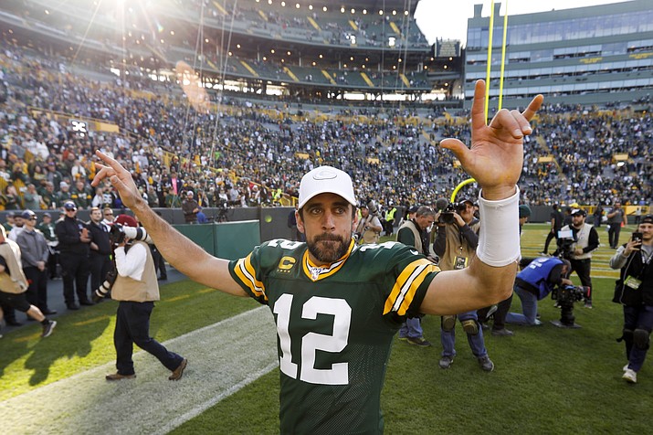 Green Bay Packers' Aaron Rodgers reacts after a game against the Oakland Raiders Sunday, Oct. 20, 2019, in Green Bay, Wis. The Packers won 42-24. (Mike Roemer/AP)